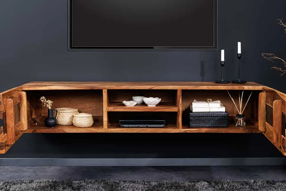 Hängendes TV-Lowboard AMAZONAS 160cm braun Sheesham Massivholz Baumkante Metall schwarz