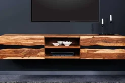 Hängendes TV-Lowboard AMAZONAS 160cm braun Sheesham Massivholz Baumkante Metall schwarz