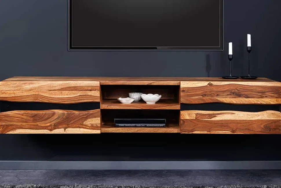 Hängendes TV-Lowboard AMAZONAS 160cm braun Sheesham Massivholz Baumkante Metall schwarz
