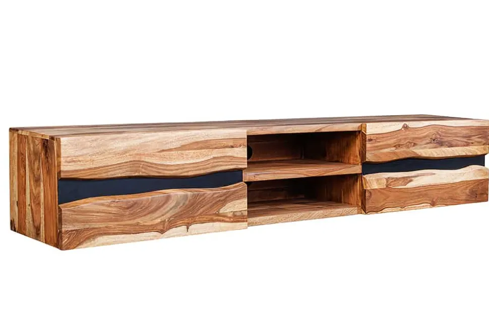 Hängendes TV-Lowboard AMAZONAS 160cm braun Sheesham Massivholz Baumkante Metall schwarz