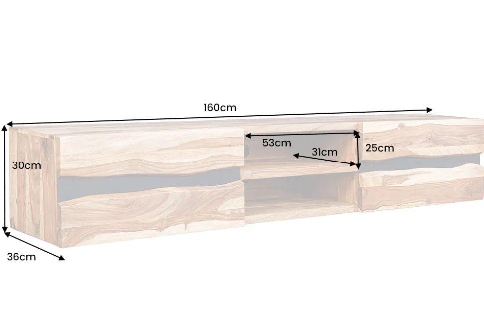 Hängendes TV-Lowboard AMAZONAS 160cm braun Sheesham Massivholz Baumkante Metall schwarz
