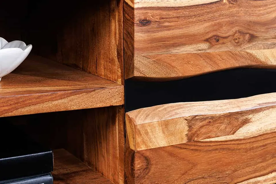 Hängendes TV-Lowboard AMAZONAS 160cm braun Sheesham Massivholz Baumkante Metall schwarz