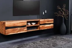Hängendes TV-Lowboard AMAZONAS 160cm braun Sheesham Massivholz Baumkante Metall schwarz