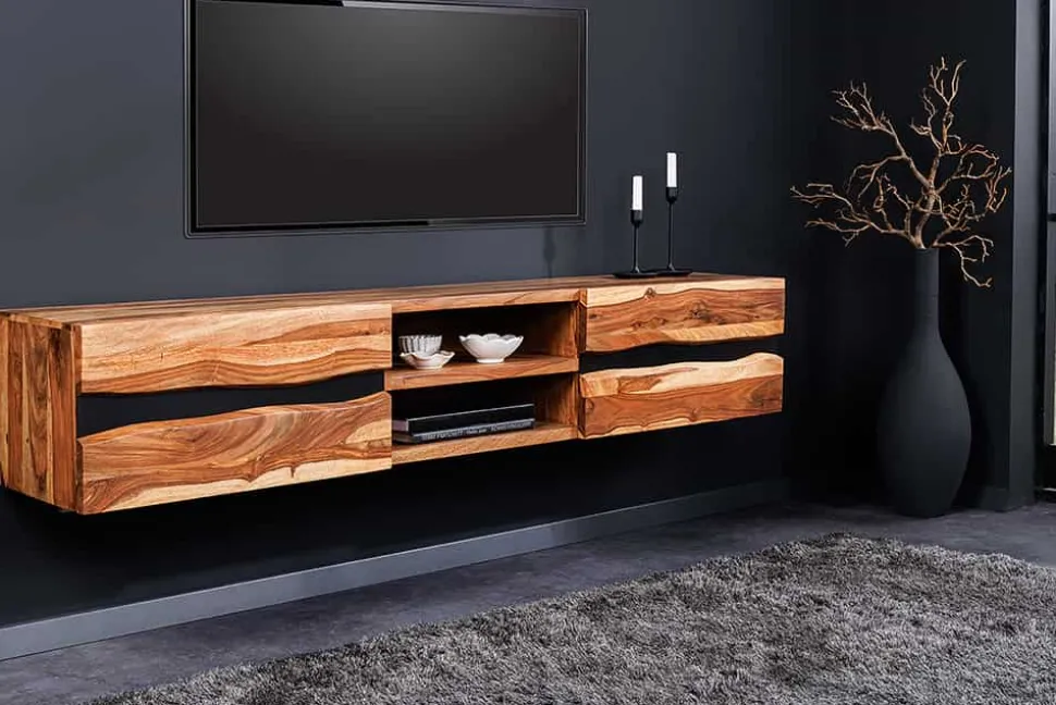 Hängendes TV-Lowboard AMAZONAS 160cm braun Sheesham Massivholz Baumkante Metall schwarz