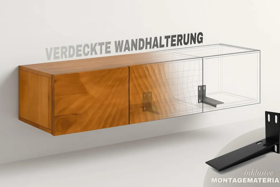 Hängendes TV-Lowboard AMAZONAS 160cm braun Sheesham Massivholz Baumkante Metall schwarz