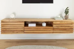 Hängendes TV-Lowboard RELIEF 200cm natur Akazienholz massiv mit aufwändiger Front