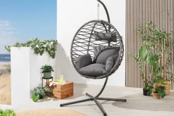 In- und Outdoor Hängesessel IBIZA anthrazit Rattan mit Gestell wetterfest inkl. Kissen