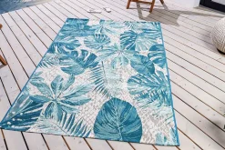 In- und Outdoor Teppich LEAF 175x120cm türkis weiß Blätter-Design Läufer wetterfest