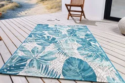 In- und Outdoor Teppich LEAF 175x120cm türkis weiß Blätter-Design Läufer wetterfest