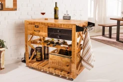 Industrial Barschrank BODEGA 86cm Mangoholz Servierwagen mit Weinregal und Aufhängung