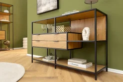 Industrial Bücherregal SLIM LINE 115cm Wildeiche schwarz Metall mit Schubladen