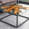 Industrial Couchtisch TEAK ROOT 70cm braun Teakholz Metall Glastisch handmade