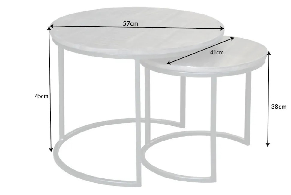 Industrial 2er Set Beistelltische ELEMENTS 60cm grau Mangoholz massiv rund schwarz Metall