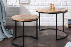 Industrial 2er Set Beistelltische ELEMENTS 60cm Mangoholz massiv rund schwarzes Metallgestell