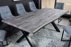 Industrial Esstisch WILD 200cm grau gekälkt Wildeiche-Design Baumkante schwarz X-Gestell