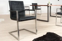 Industrial Freischwinger Stuhl LOFT antik schwarz Kunstleder mit Armlehne Edelstahl