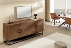 Industrial Sideboard GRANDEZZA 180cm natur Walnuss schwarz Metall viel Stauraum