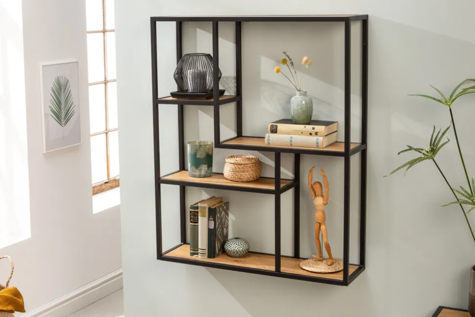 Industrial Wandregal SLIM LINE 90cm Wildeiche schwarz fünf Regalböden