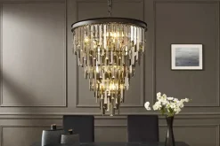 Luxus Kronleuchter KRISTALL 50cm grau mit Glasprismen schwarz Eisen Hängelampe