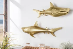 Maritime 2er Set Wanddekoration HAIE 68cm gold Metall handmade Haifisch Design Skulptur
