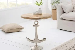 Maritimer Beistelltisch SEVEN SEAS 50cm silber Anker-Design rund Mangoholz Metall