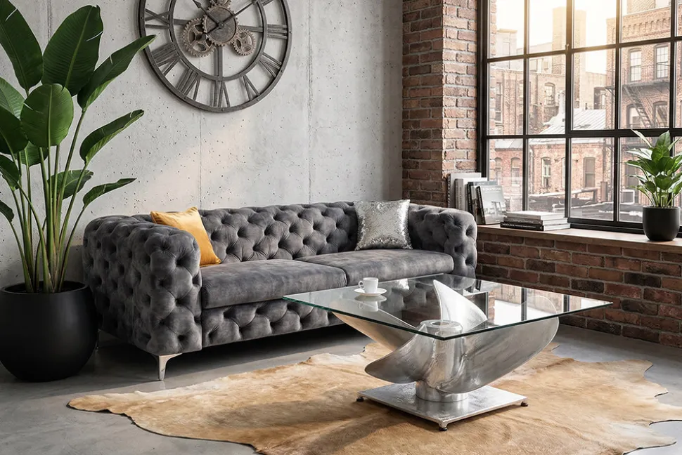 Maritimer Couchtisch OCEAN L 85cm silber antik Schiffsschraube mit Glasplatte