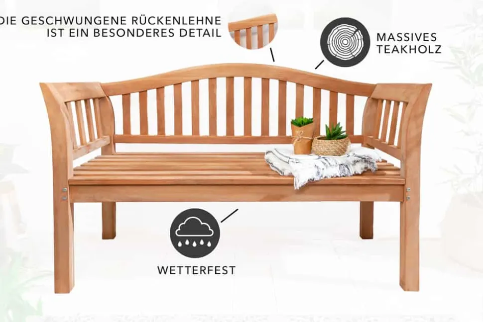Massive Gartenbank EMPIRE TEAK 130cm natur Teakholz Outdoor-Sitzbank mit Lehne