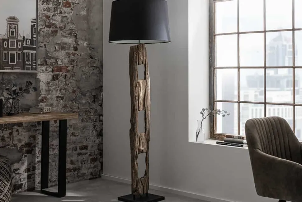 Massive Stehlampe BARRACUDA 177cm natur Akazie Baumwollschirm schwarz Baumstamm