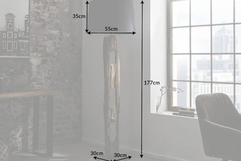 Massive Stehlampe BARRACUDA 177cm natur Akazie Baumwollschirm schwarz Baumstamm