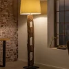 Massive Stehlampe BARRACUDA 177cm natur Akazienholz Baumwollschirm weiß Baumstamm