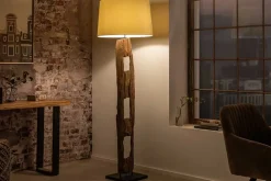 Massive Stehlampe BARRACUDA 177cm natur Akazienholz Baumwollschirm weiß Baumstamm