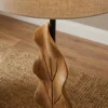 Massive Stehlampe LEAF 130cm weiß natur Teakholz Blatt-Design mit Stoffschirm