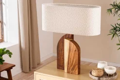 Massive Tischlampe LOVERS 60cm natur Regenbaumholz weißer Stoffschirm