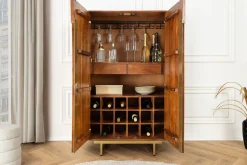 Massiver Barschrank GATSBY 140cm braun Mangoholz gold Metallgestell Retro