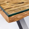Massiver Couchtisch BARRACUDA 110cm antik natur Teakholz X-Gestell Glasplatte