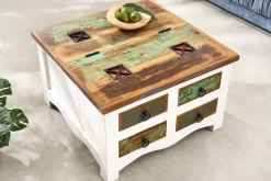 Massiver Couchtisch JAKARTA 70cm weiß bunt Holz Truhe aus recycelten Fischerbooten mit Schubladen