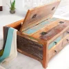 Massiver Couchtisch JAKARTA 70cm bunt Truhe aus recycelten Fischerbooten Holz mit Schubladen