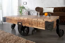 Massiver Design Couchtisch RAILWAY 110cm Mangoholz mit 4 Rädern