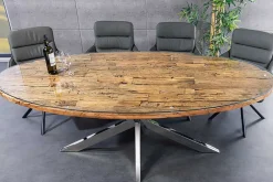 Massiver Esstisch BARRACUDA 220cm braun Teakholz silber Sterngestell Glasplatte