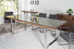 Massiver Esstisch BARRACUDA 200cm antik Teak Holz mit Stahl Kufenfüßen inkl. Glasplatte
