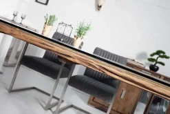 Massiver Esstisch BARRACUDA 180cm antik Teak Holz mit Stahl Kufenfüßen inkl. Glasplatte