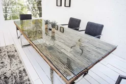 Massiver Esstisch BARRACUDA 180cm antik Teak Holz mit Stahl Kufenfüßen inkl. Glasplatte