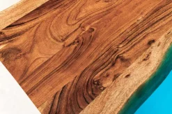 Massiver Esstisch LIQUID 160cm braun Akazienholz Baumkante schwarz Eisen blau