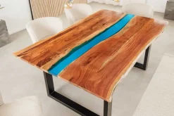 Massiver Esstisch LIQUID 160cm braun Akazienholz Baumkante schwarz Eisen blau