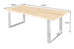Massiver Esstisch WILD OAK 160cm natur silber Wildeiche Baumkante Edelstahl U-Gestell