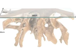 Massiver Konsolentisch ROOT 150cm natur Teak Massivholz aus Wurzelholz Glasplatte