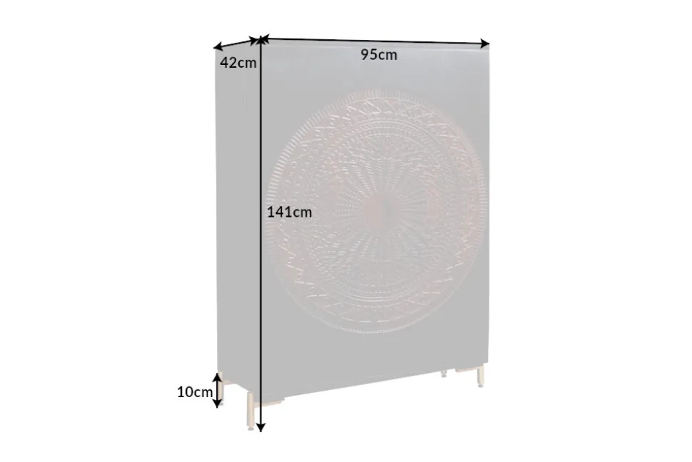 Massiver XXL Barschrank MANDALA 140cm Mangoholz schwarz gold Metallgestell Schnitzerei