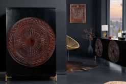 Massiver XXL Barschrank MANDALA 140cm Mangoholz schwarz gold Metallgestell Schnitzerei