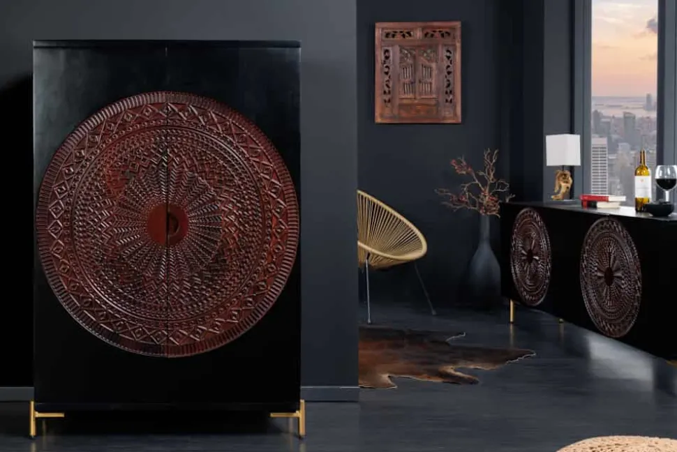 Massiver XXL Barschrank MANDALA 140cm Mangoholz schwarz gold Metallgestell Schnitzerei