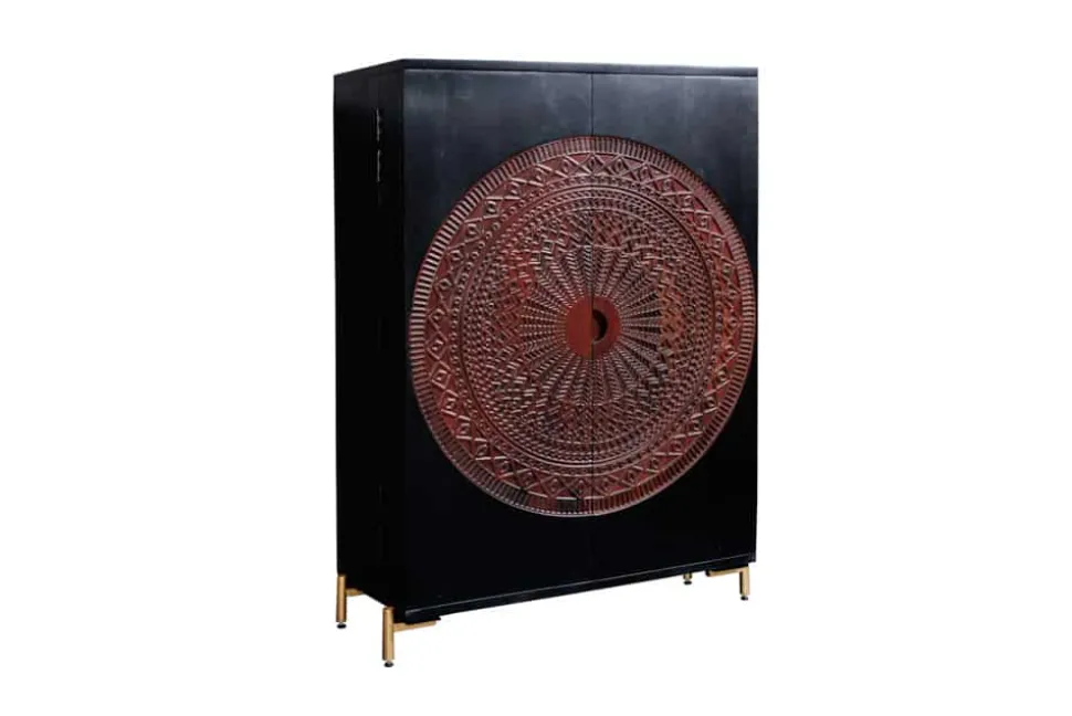 Massiver XXL Barschrank MANDALA 140cm Mangoholz schwarz gold Metallgestell Schnitzerei